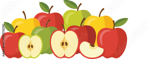 Healthy fresh apple collection vector illustration showing red green and yellow fruit varieties with whole apples sliced halves and wedges arranged together for nutritional snack concepts
