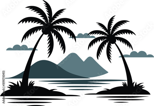 Scenic tropical mountain cove illustration with palm tree silhouettes on shoreline and turquoise peaks overlooking water bay peaceful exotic travel destination background