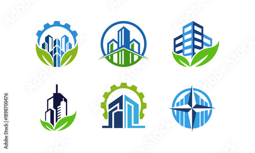 Sustainable city icons featuring eco-friendly buildings and renewable energy sources in a modern urban environment viewed from a straightforward perspective