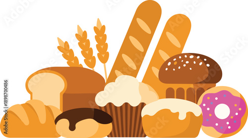 Bakery goods assortment Flat vector illustration including fresh loaf bread wheat stalks baguette muffin cupcake chocolate glazed pastry sweet donut with pink frosting With transparent background