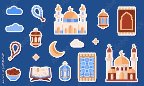 Ramadan Mubarak cartoon sticker set with mosque, minarets, Quran on stand, prayer rugs, lanterns, crescent, dates, tasbih icons. Flat colorful Muslim illustration, 2d labels for Islamic holy month