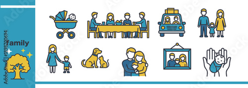 家族と暮らしのアイコンセット　育児・家庭・生活シーンのベクターイラスト