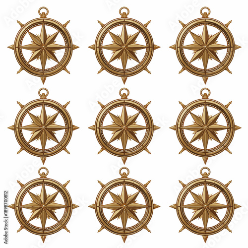 Vintage maritime nautical compass rose designs in golden metal antique style vector