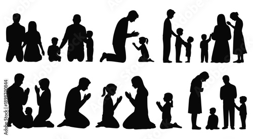 Silhouettes of people engaged in various acts of worship and community support isolated on white background, Vector, illustration