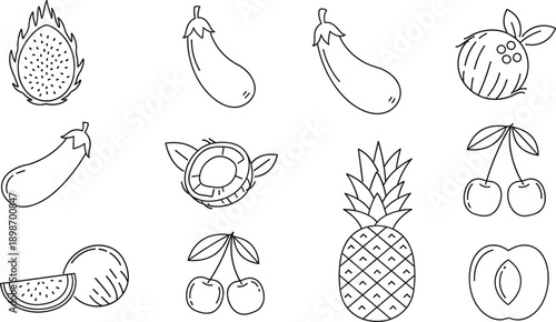 Professional minimalist fruit line art vector set featuring black and white tropical produce icons.
