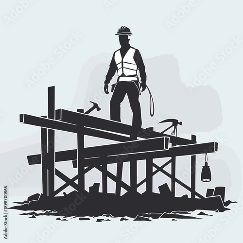 A construction worker standing on a partially built wooden structure with tools. isolated on white background, Vector, illustration