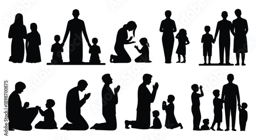 Diverse family silhouettes engaging in prayer and communal activities together. isolated on white background, Vector, illustration