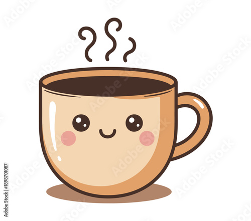 cute coffee cup character with a smiling face, kawaii hot drink mug mascot, a top ranked vector hand drawn cartoon perfect for cafe branding, menu design, breakfast themes, and happy morning beverage 