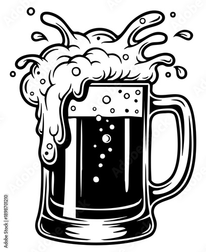 Bold black and white vector illustration of a frothy beer mug overflowing with foamy head splashing outwards