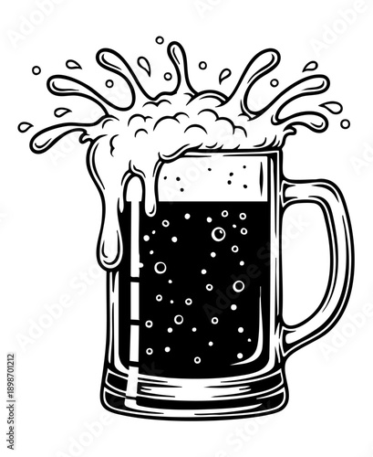 Black and white illustration of a frothy beer mug overflowing with a dynamic liquid splash design
