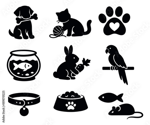 Silhouette pets set featuring common animals and their care items for pet shops and animal care