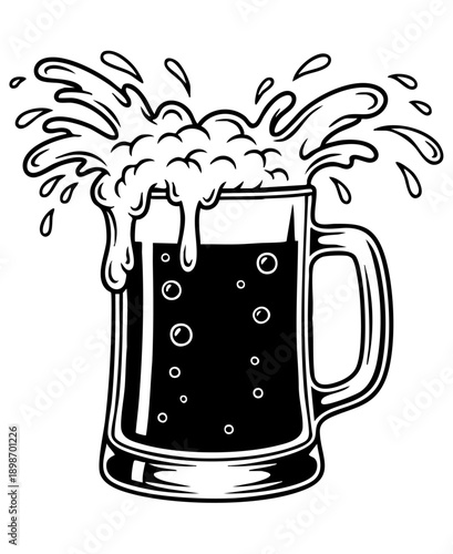 Refreshing black and white illustration of a full beer mug overflowing with foamy head and splashing liquid