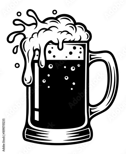 Bold black and white illustration of a frothy overflowing beer stein ready for celebration or pub promotion