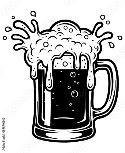 Dramatic black and white illustration of a foaming beer mug overflowing with abundant effervescent splash