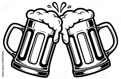 Black and white illustration showing two frothy beer mugs clinking together in a celebratory toast moment