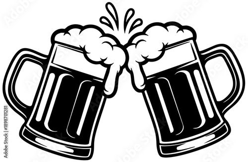 Black and white vector illustration of two frothy beer mugs clinking together in a lively toast or celebration