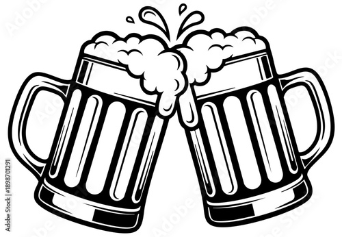Two overflowing foamy beer mugs clinking together in a celebratory toast illustration