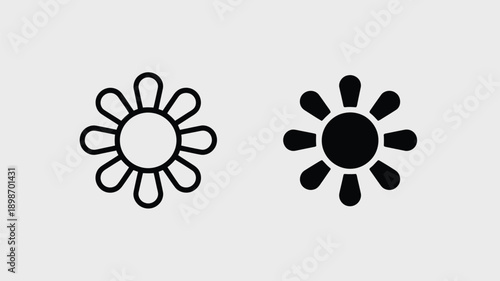 Contrasting designs of a sun and a flower with simple lines and filled shapes isolated on white background, Vector, illustration