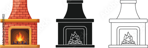 Brick fireplace illustrations show a burning fire scene, a solid black silhouette version, and a simple white outline drawing.