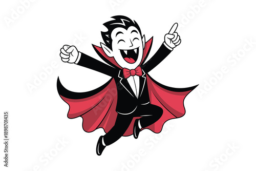 A cartoon vampire in a tuxedo jumping in the air with a red cape and bow tie