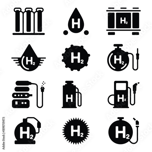 Diverse icons representing various aspects of hydrogen energy and its applications isolated on white background, Vector, illustration