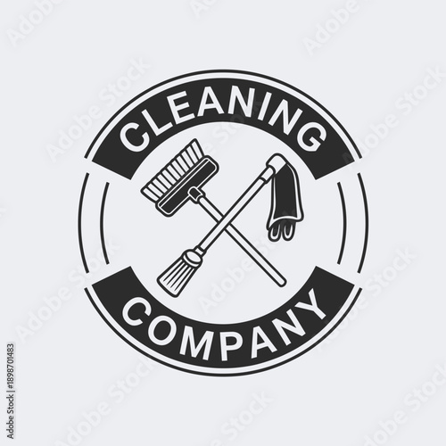 Black and white logo for a cleaning company featuring crossed cleaning tools isolated on white background, Vector, illustration