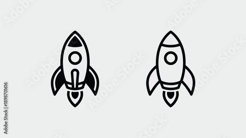 Two stylized rockets facing each other in minimalist black and white design isolated on white background, Vector, illustration