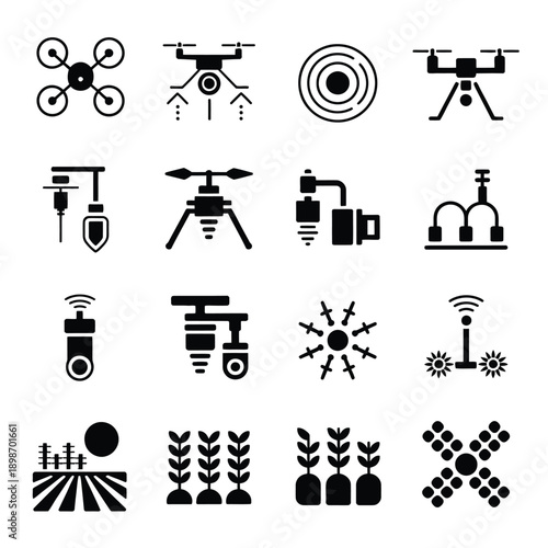 Agricultural drones and precision farming equipment icons isolated on white background, Vector, illustration