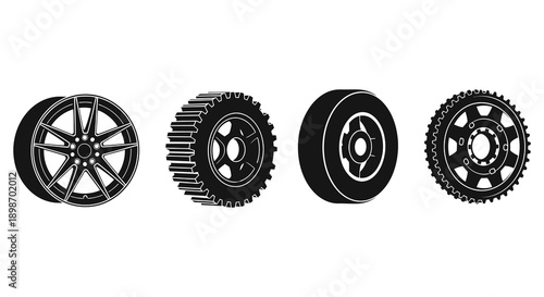 A row of four distinct vehicle wheel designs are presented in a stark black and white graphic silhouette high quality professional detailed