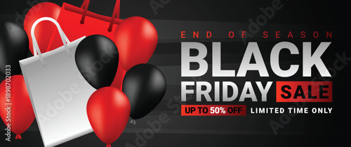 Black Friday sale banner with red shopping bag and discount tags vector illustration