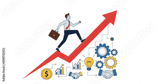 Business Leader Guiding Team Pushing Upward Arrow, Growth, Leadership and Financial Success Concept Illustration

