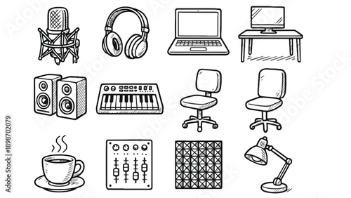 A collection of office and music production equipment illustrations