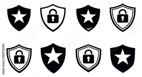 Minimalist shield icon set featuring stars and padlocks in solid and outline variations for digital security and protection concepts
