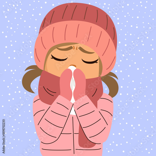 Cartoon vector illustration of a girl blowing her nose in winter season with snowy background. Drawing for health topics, cold symptoms, winter illnesses, medical education and seasonal awareness