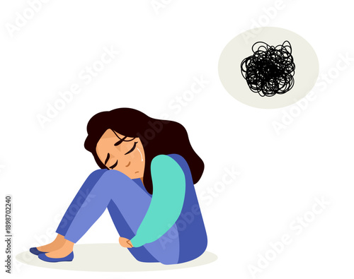 Cartoon vector illustration of a beautiful Hispanic woman feeling depressed. Clip art for mental health awareness, emotional wellbeing, psychology topics, therapy and social issues