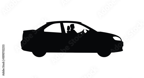 A stark black silhouette depicts a sedan with two figures inside showcasing a minimalist automotive design silhouette high quality professional
