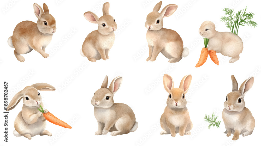Obraz premium Cute watercolor brown rabbits in various poses holding carrots and sitting, isolated on white background