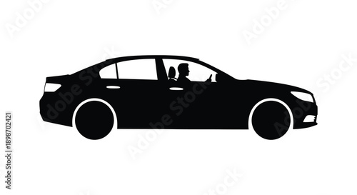 A stark black silhouette of a modern sedan is presented against a plain white background showcasing automotive design silhouette