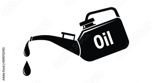 A stark black silhouette depicts a gas can pouring oil with three distinct droplets falling downwards silhouette high quality