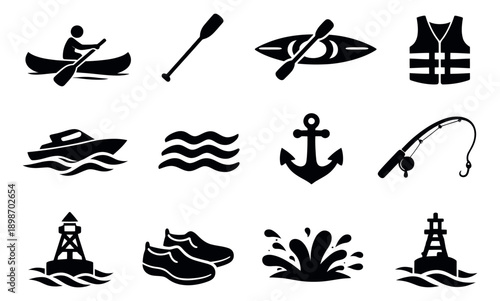 Simple water sports and marine icon set featuring boating equipment and recreational activities for outdoor water recreation