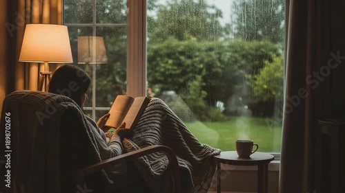 Man reading book while relaxing in armchair by rainy window  