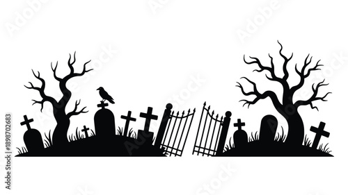 Eerie graveyard scene with bare trees and tombstones under a moonlit sky isolated on white background, Vector, illustration