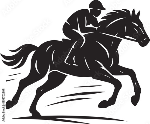 Horse Racing Silhouette Vector Icon of Jockey Riding Galloping Horse
