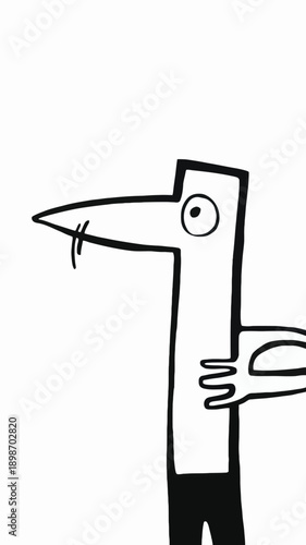 Whimsical black and white drawing of a character with a beak and a hand gesture isolated on white background, Vector, illustration