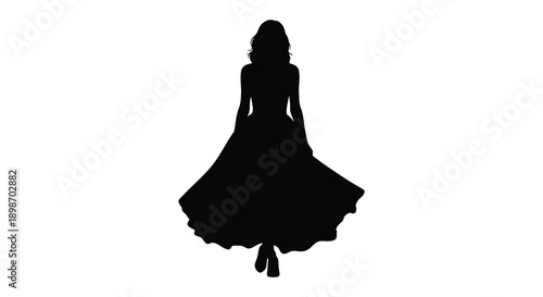 A striking black silhouette depicts a woman in a flowing gown dynamically posed with an outstretched arm silhouette