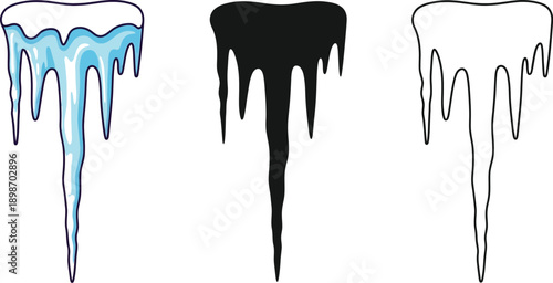 Icicle formation depicted in three distinct graphic formats: blue colorized, solid black silhouette, and simple line contour.