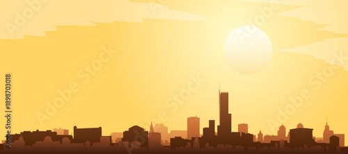 Golden yellow panoramic poster of the city skyline with misty background buildings and clouds of BOSTON, UNITED STATES