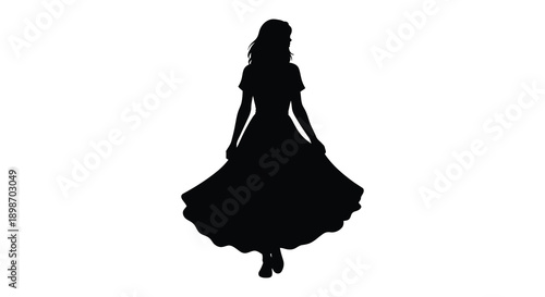 A striking black silhouette depicts a woman in a flowing full length gown suggesting grace and elegance silhouette high quality professional