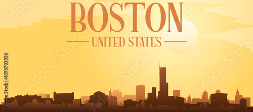 Golden yellow panoramic poster of the city skyline with misty background buildings and clouds of BOSTON, UNITED STATES