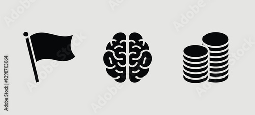 Symbols representing patriotism, intellect, and wealth in a simplified visual format isolated on white background, Vector, illustration